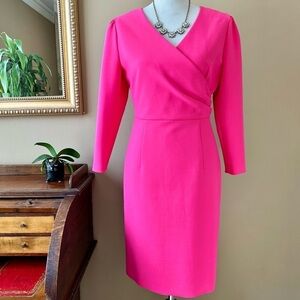Hugo BOSS Daraya Faux Wrap Dress Pink 3/4 Sleeve Ruched Sheath Size 44 / 8